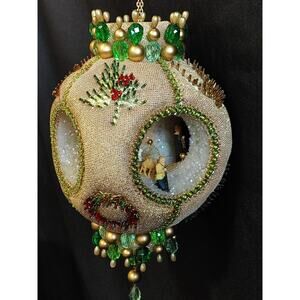 Vintage Beaded Handmade Nativity Scene 8" Ornament Hanging Art